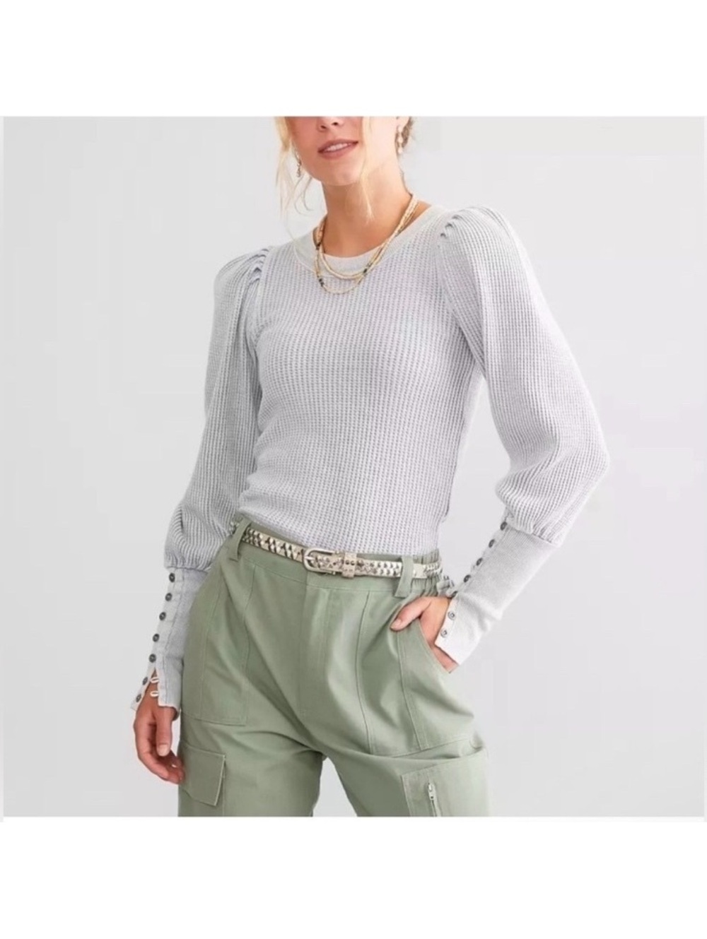 Free People One Wesley Thermal Waffle Knit Long Sleeve Top Blue Women’s Medium